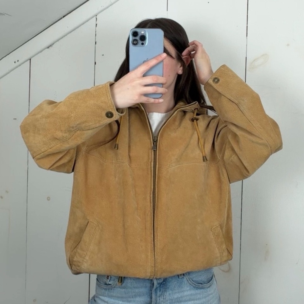 M. Julian Wilsons Tan Suede Leather Bomber Jacket Women’s Medium Hooded Full Zip